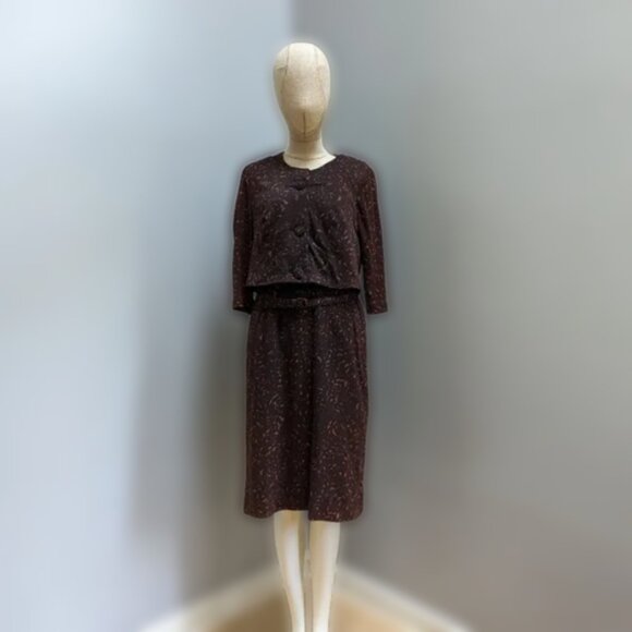 Vintage 1940s/50s Two-Piece Dress Set โ Brown Abstract Print โ Peter Pan Collar - Picture 2 of 7